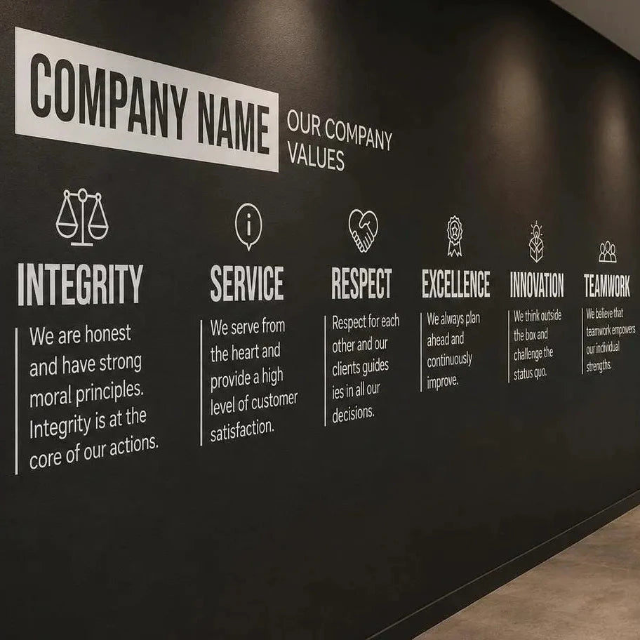 A dark wall with printed company values and icons, including Integrity, Service, Respect, Excellence, Innovation, and Teamwork, under a placeholder Company Name header.