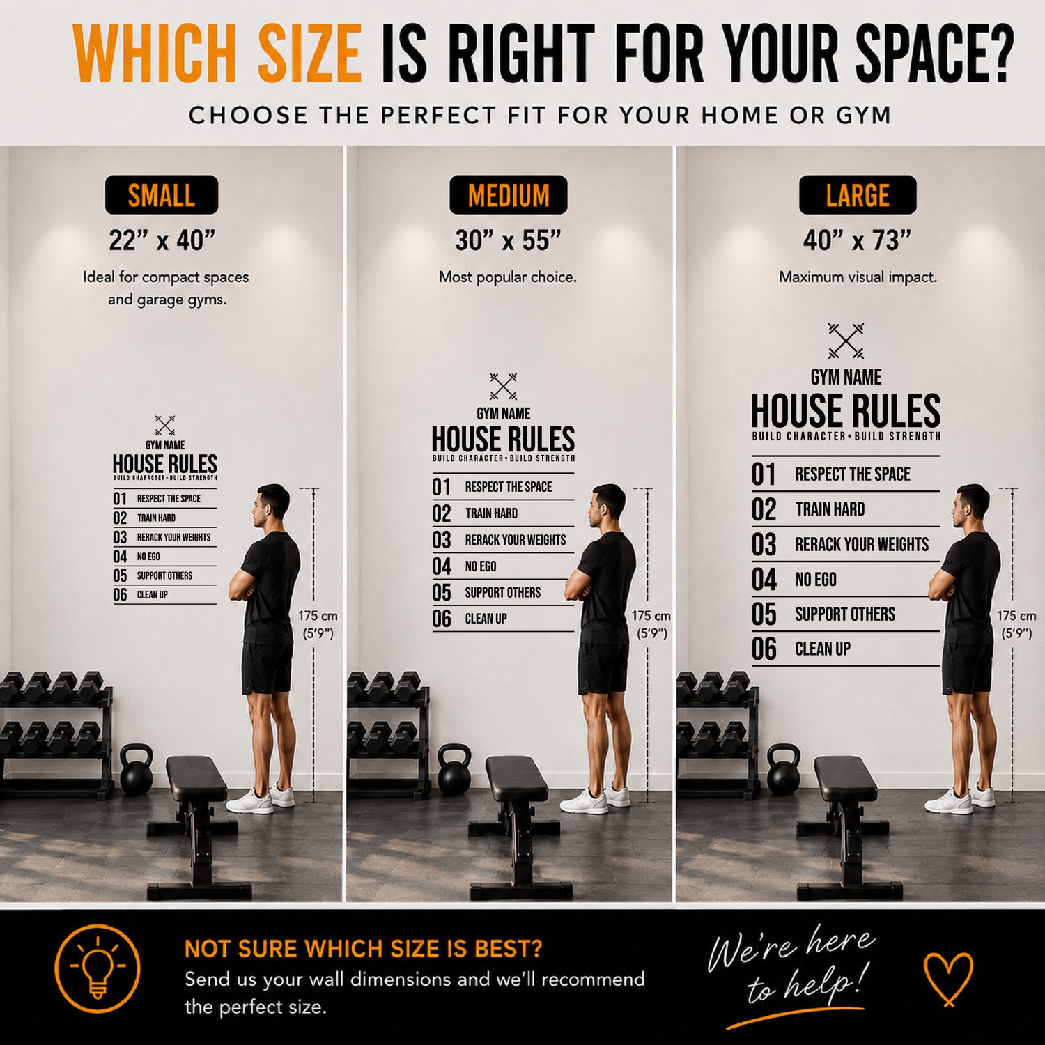 A promotional infographic comparing Small, Medium, and Large house size options for home or gym use. The graphic features three side-by-side panels showing a man standing next to dumbbells and kettlebells, with height measurements of 22x40 inches, 30x55 inches, and 40x73 inches.
